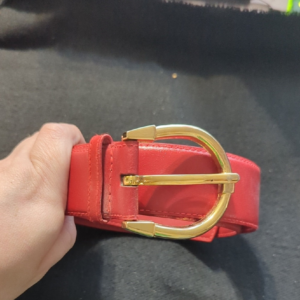 Crown Pacific Gold Tone Red Leather Statement Belt